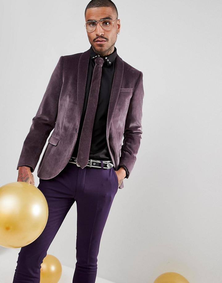 Noose & Monkey Super Skinny Blazer In Velvet - Purple