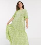 Asos Design Curve Plisse Maxi Dress With Asymmetrica Hem In Green Ditsy Floral Print
