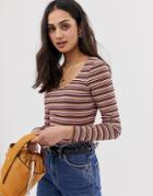 Asos Design Crop Top In Bright Stripe With Scoop Neck And Long Sleeves - Multi
