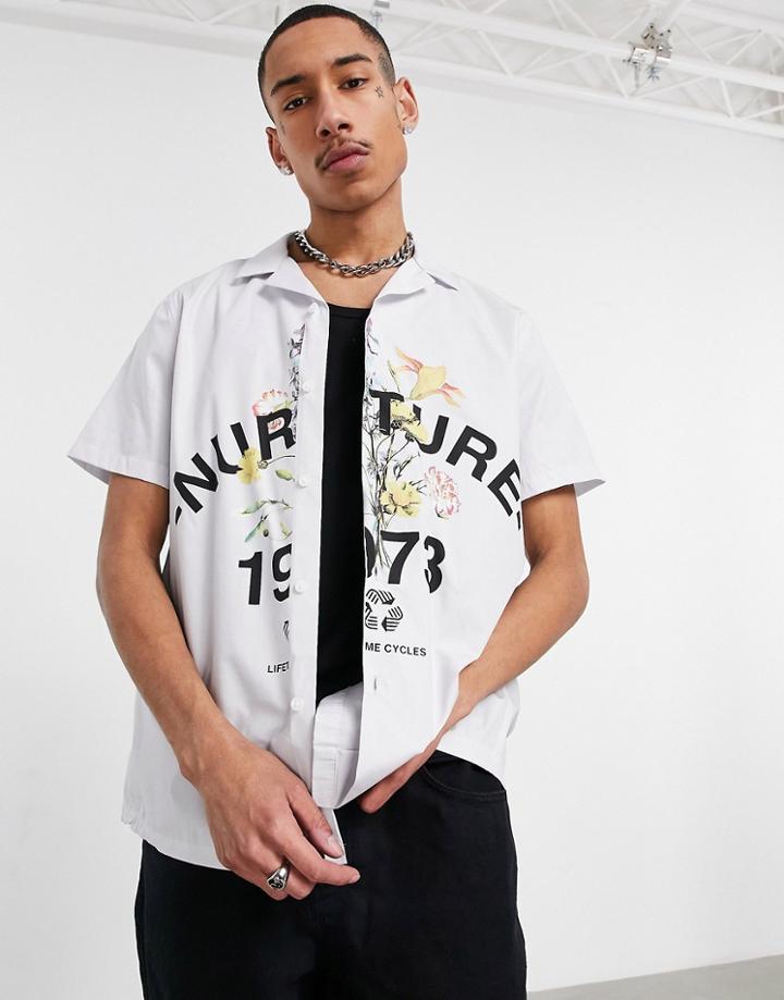 Asos Design Relaxed Revere Poplin Shirt With Placement Floral Print-white