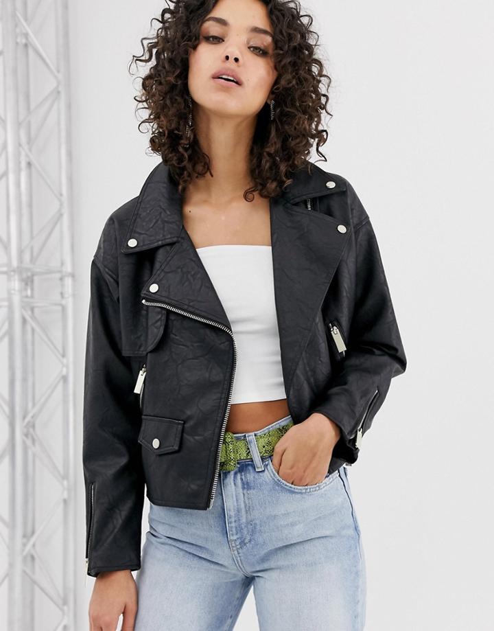 River Island Oversized Faux Leather Biker Jacket In Black