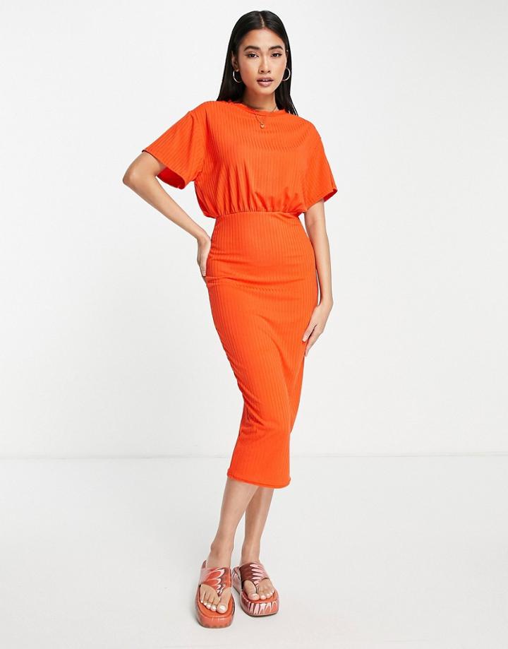 Asos Design Ribbed T-shirt Midi Dress In Tomato-blue