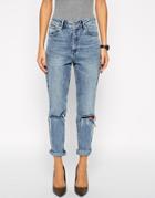 Asos Farleigh High Waist Slim Mom Jeans In Day Dreamer Vintage Wash With Busted Knees - Blue