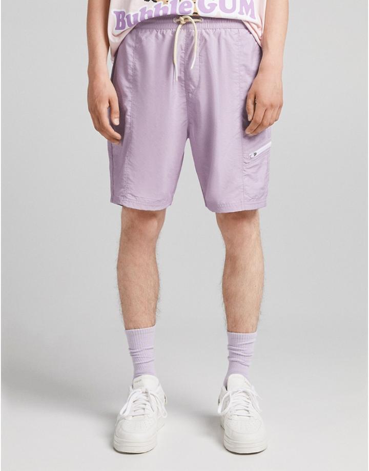 Bershka Nylon Shorts With Zip In Lilac-purple