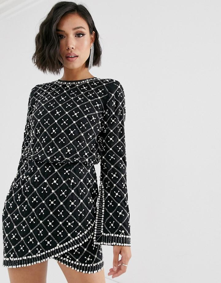 Asos Design Mini Dress With Long Sleeve In Pearl And Beaded Embellishment-black