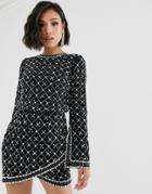Asos Design Mini Dress With Long Sleeve In Pearl And Beaded Embellishment-black