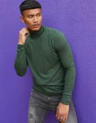 Asos Design Cotton Roll Neck Sweater In Khaki-green