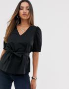 Vero Moda Puff Sleeve Tie Front Top In Black