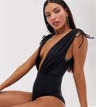 Asos Design Tall Recycled Ruched Shoulder Plunge Swimsuit In Black