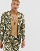 Asos Design Skinny Suit Jacket In Cotton With Leaf Print-green