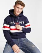 Gant Retro Shield Logo Chest Stripe Hoodie Relaxed Fit In Navy