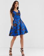 Closet V Neck Full Skirt Dress-blue