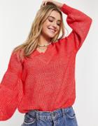 Asos Design V Neck Fluffy Sweater In Red-green