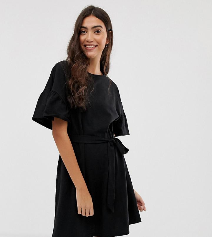 Asos Design Tall Slub Mini Dress With Frill Sleeve And Belt-black