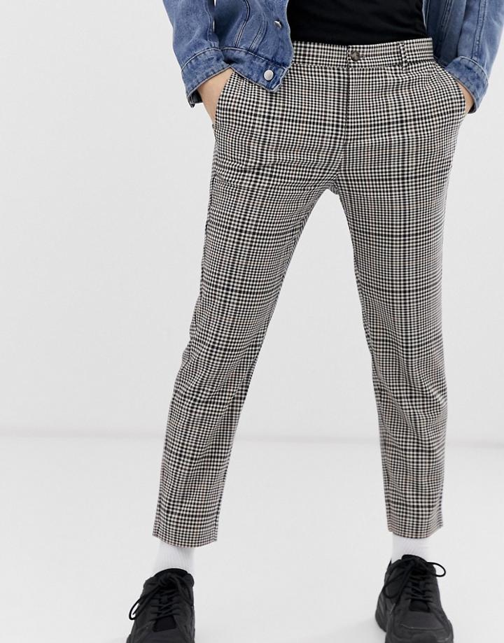 Bershka Skinny Check Pants In Beige - Beige