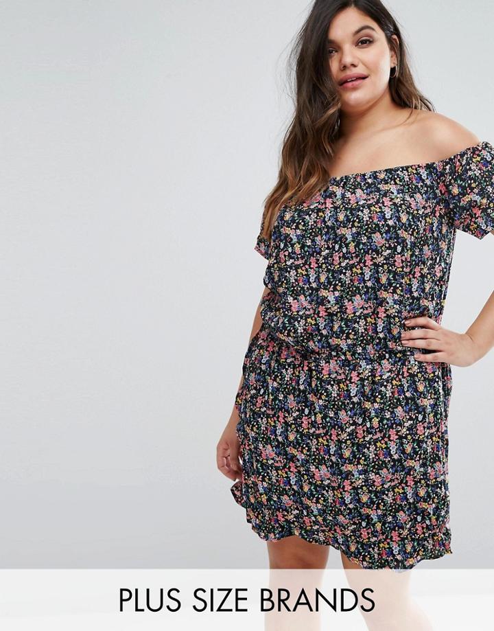 Rage Plus Bardot Dress In Floral Print - Black