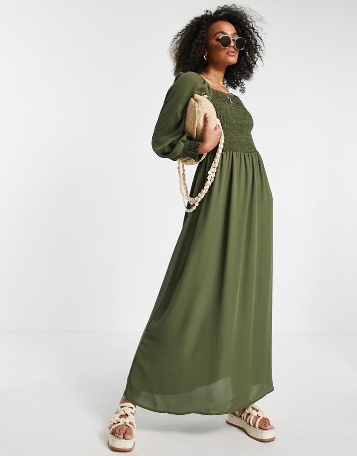 Jdy Midaxi Dress With Shirred Bodice And Puff Sleeves In Khaki-green