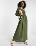 Jdy Midaxi Dress With Shirred Bodice And Puff Sleeves In Khaki-green