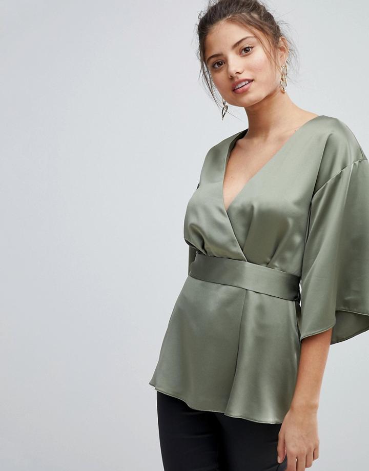 Asos Satin Wrap Kimono Top - Green