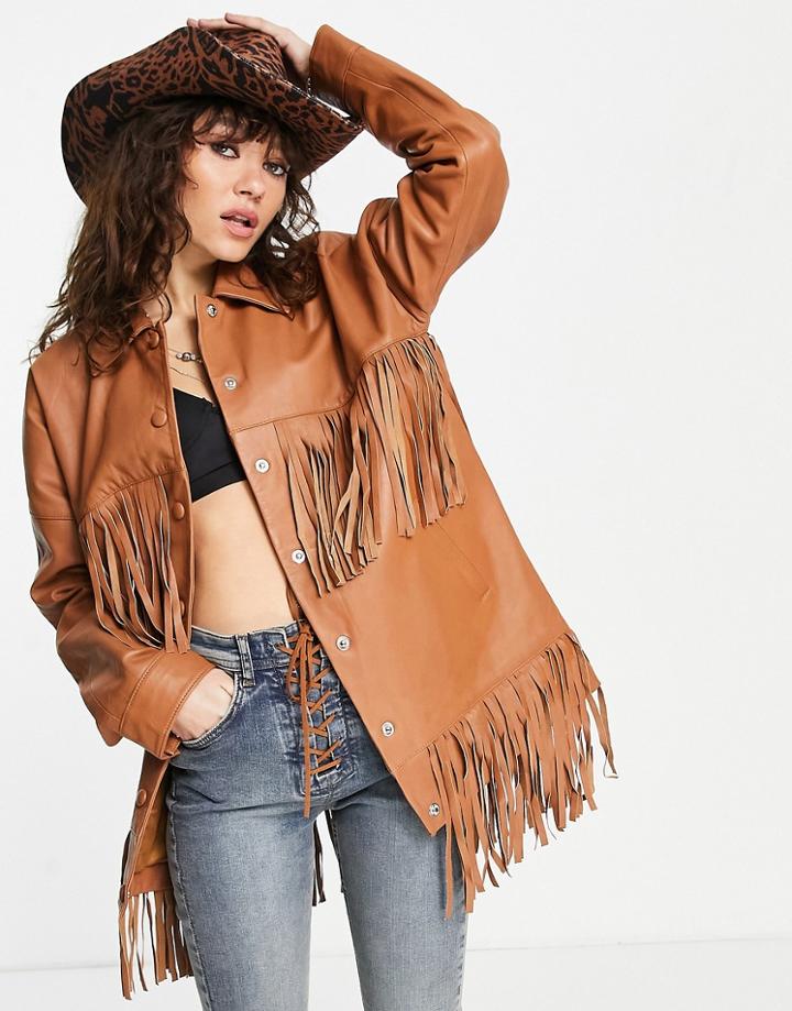 Barney's Originals Real Leather Oversized Tasseled Jacket-brown