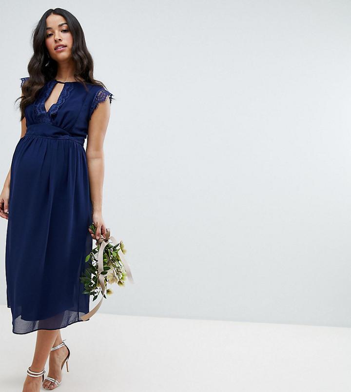 Tfnc Maternity Lace Detail Midi Bridesmaid Dress-navy