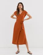 Monki Midi Wrap Dress With Short Sleeve In Rust - Brown