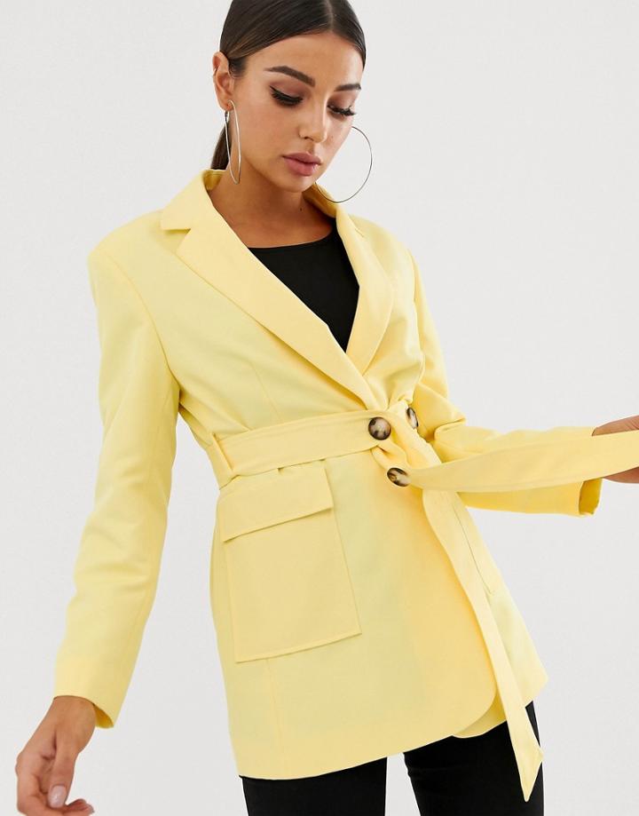 Asos Design Lemon Self Belted Blazer - Yellow
