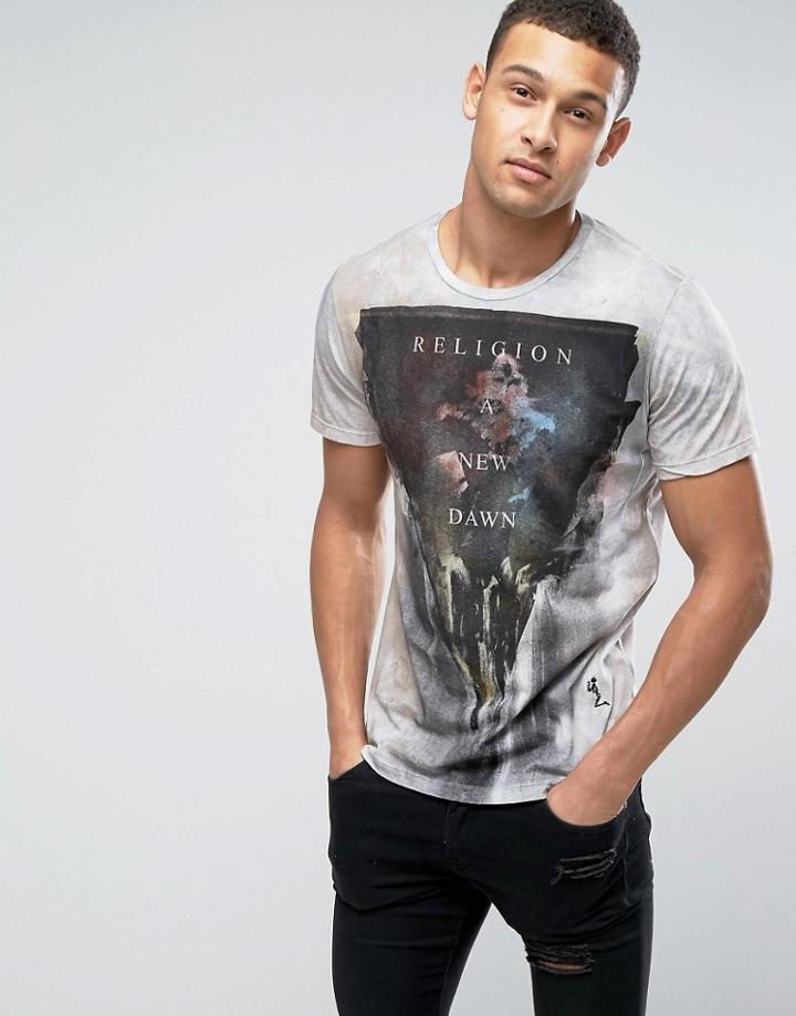 Religion T-shirt With Graphic Print On Oil Wash Cotton - Beige