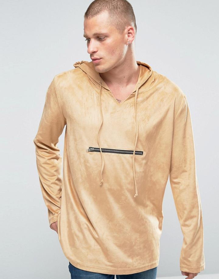 Liquor & Poker Faux Suede Hooded Sweater - Beige