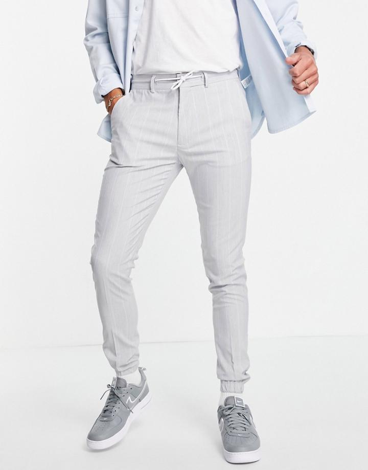 Asos Design Soft Tailored Skinny Suit Pants In Light Blue Pin Stripe With Drawstring Waist-grey