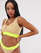 Asos Design Fuller Bust V Front Crinkle Crop Bikini Top With Neutral Contrast Dd-f - Multi