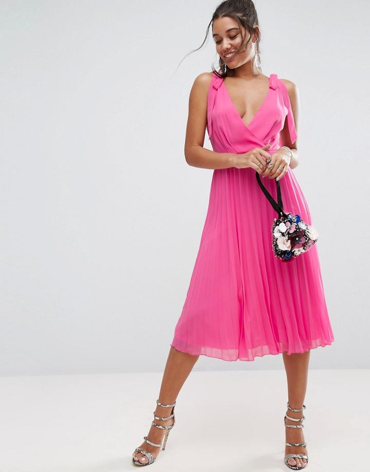 Asos Cami Strap Tie Pleated Midi Dress - Multi