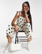 Asos Design Ruched Tie Shoulder Smock Jumpsuit In Mono Dot-multi