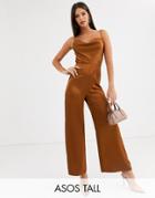 Asos Design Tall Satin Cowl Neck Jumpsuit-brown