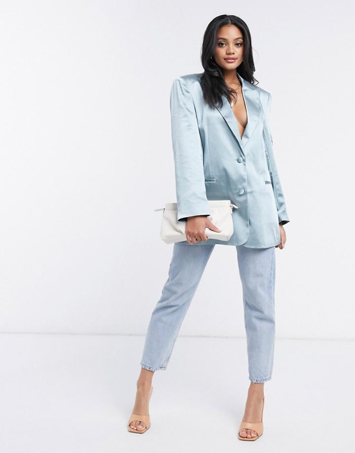 Asos Design Satin Dad Suit Blazer In Powder Blue-blues