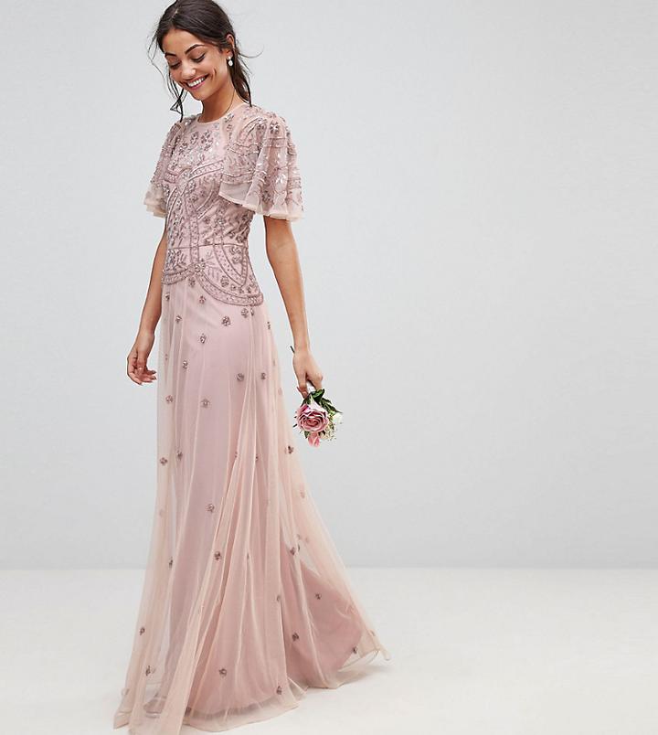 Asos Tall Wedding Iridescent Delicate Beaded Flutter Sleeve Maxi Dress - Pink