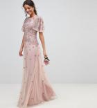 Asos Tall Wedding Iridescent Delicate Beaded Flutter Sleeve Maxi Dress - Pink