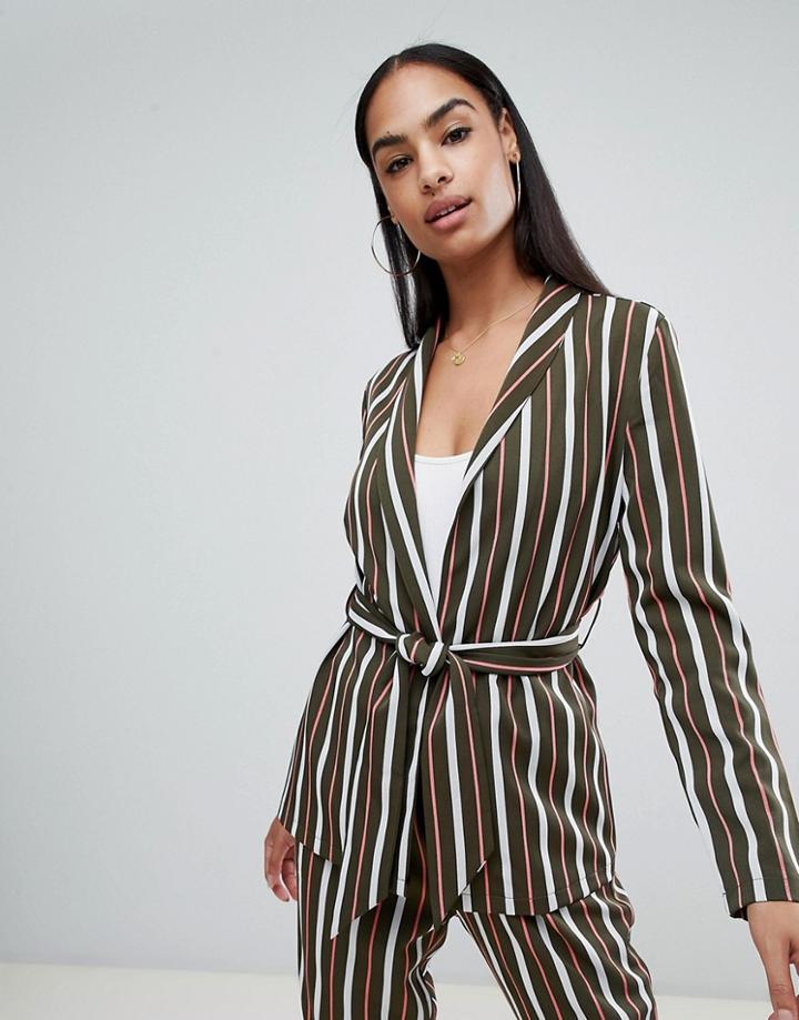 Prettylittlething Striped Belted Jacket - Green