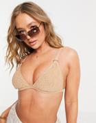 Missguided Crinkle Triangle Bikini Top With Ring Detail In Beige-neutral