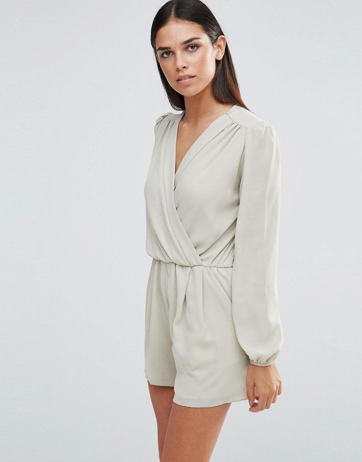 Love Long Sleeve Wrap Front Romper - Light Khaki