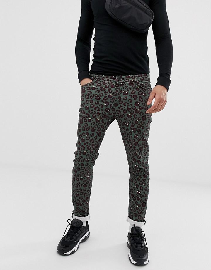 Asos Design Skinny Jeans In Green Animal Print - Green