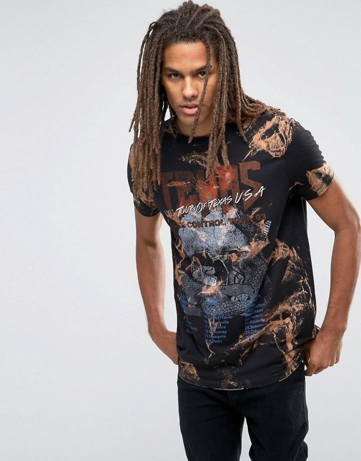 Asos Longline T-shirt With Bleach Wash And Rock Tour Print - Black