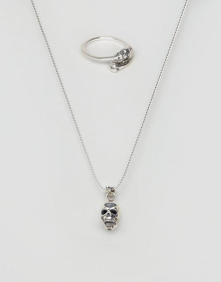 Asos Sterling Silver Neckchain & Ring With Skull Design - Silver