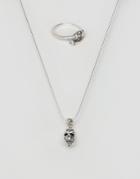 Asos Sterling Silver Neckchain & Ring With Skull Design - Silver