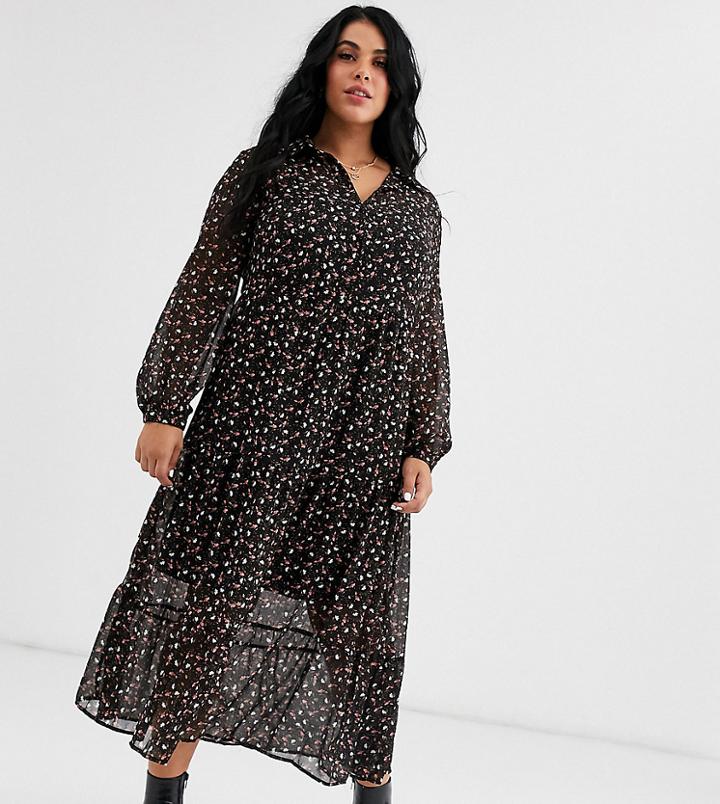 New Look Curve Button Through Midi Shirt Dress In Black Pattern