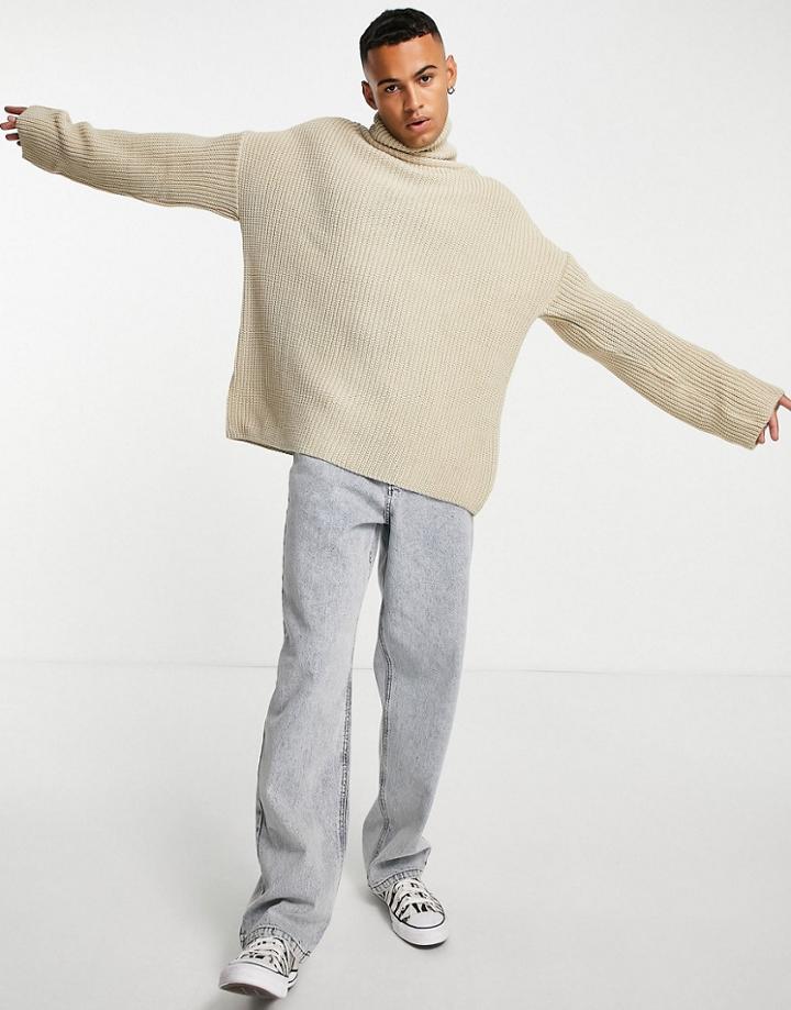 Asos Design Knitted Oversized Funnel Neck Sweater In Beige-white