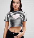 Missguided Faux Fur Heart T-shirt In Stripe - White