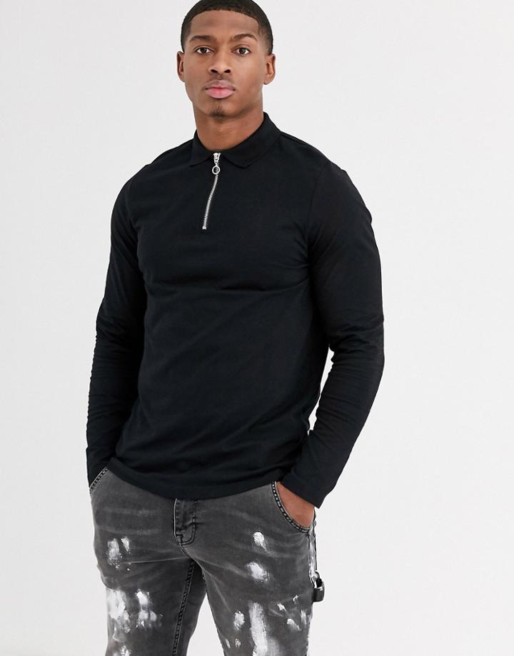 Asos Design Organic Long Sleeve Polo With Zip Neck In Black