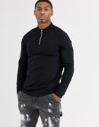 Asos Design Organic Long Sleeve Polo With Zip Neck In Black