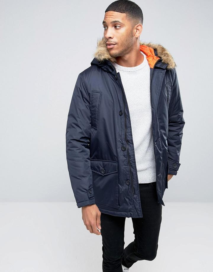 D-struct Parka With Faux Fur Trim - Navy